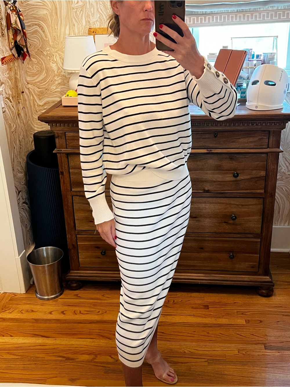 PrettyGarden White & Black Striped Sweater Midi Skirt Set Size M
